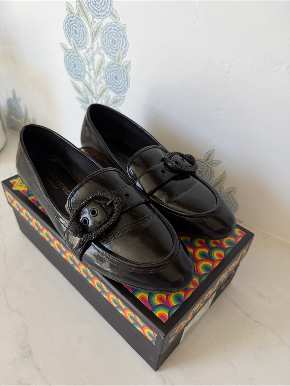 Kurt Geiger Mayfair Black Patent Leather Loafers with Decorative Buckle